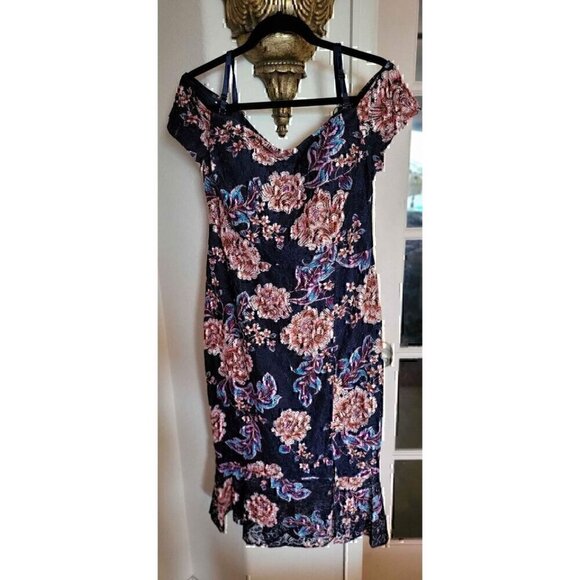Guess Dress Women’s Floral Maxi Off Shoulder Navy Blue Empire Waist NEW Size 14 - Picture 1 of 4